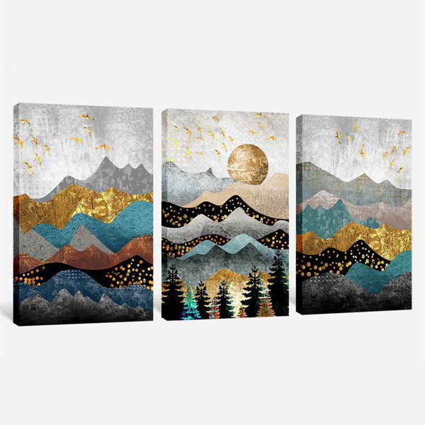 Grey Gold 3 Piece Abstract Landscape Canvas Wall Art For Living Room Bedroom Office Home Decoration