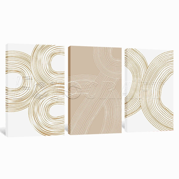 Beige White Geometric Line 3 Piece Abstract Canvas Wall Art For Living Room Bedroom Office Home Decoration