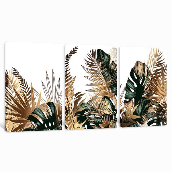 Tropical Golden Emerald Leaves 3 Piece Abstract Canvas Wall Art For Living Room Bedroom Office Home Decoration