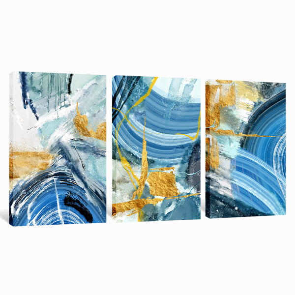 Modern 3 Piece Abstract Blue Gold Marble Texture Canvas Wall Art  For Living Room Bedroom Office Home Decoration