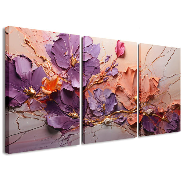 Pink Purple Floral 3 Piece Abstract Painting Flower  Canvas Wall Art For Living Room Bedroom Office Home Decoration