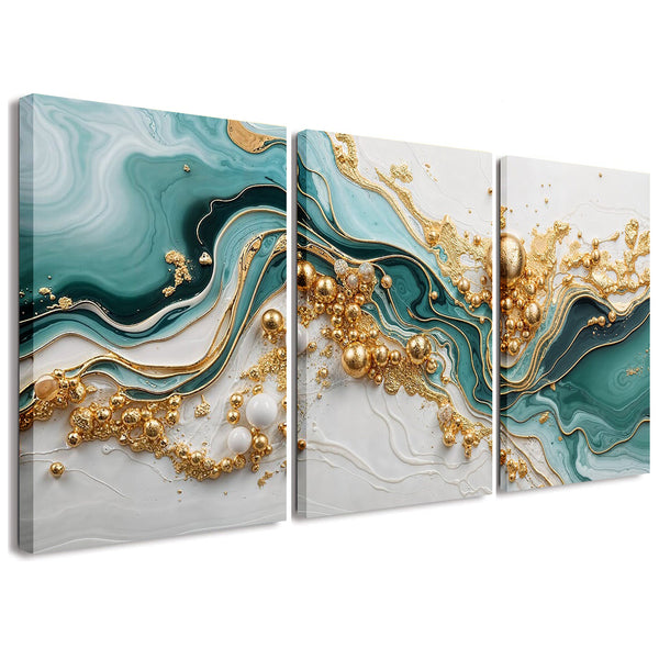 Mint Green Liquid Gold 3 Piece Abstract Canvas Wall Art For Living Room Bedroom Office Home Decoration