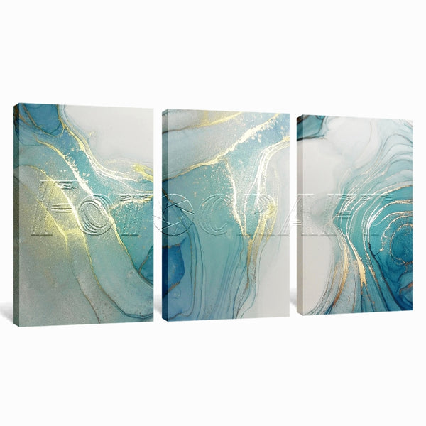 Marble Turquoise Gold Fluid 3 Piece Abstract Canvas Wall Art For Living Room Bedroom Office Home Decoration