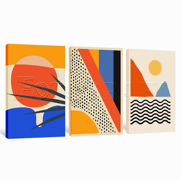 Mid Century Abstract Geometric Sunrise 3 Piece Canvas Wall Art For Living Room Bedroom Office Home Decoration