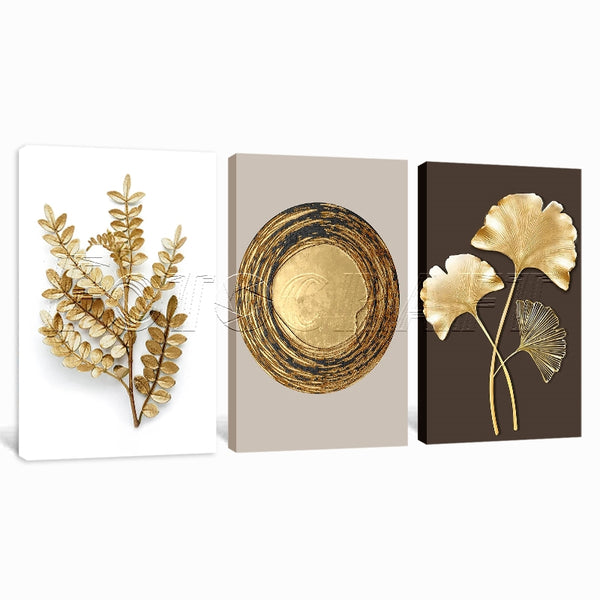 Abstract Leaves Matte Golden Vintage 3 Piece Abstract Canvas Wall Art For Living Room Bedroom Office Home Decoration