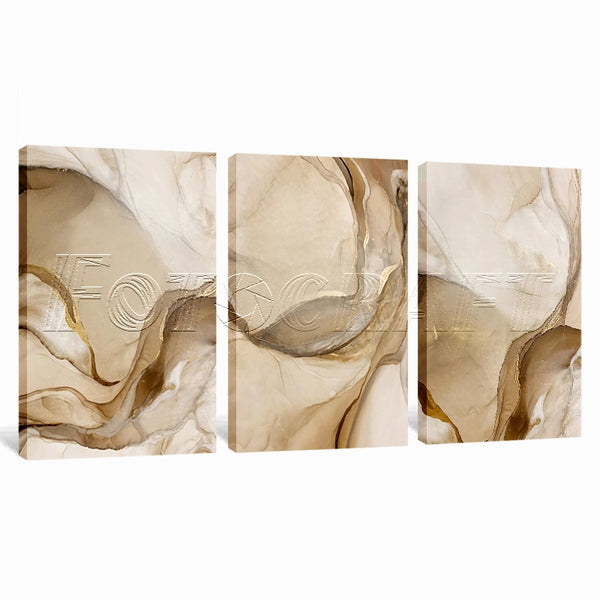 Abstract Beige Brown Gold 3 Piece Marble Canvas Wall Art For Living Room Bedroom Office Home Decoration