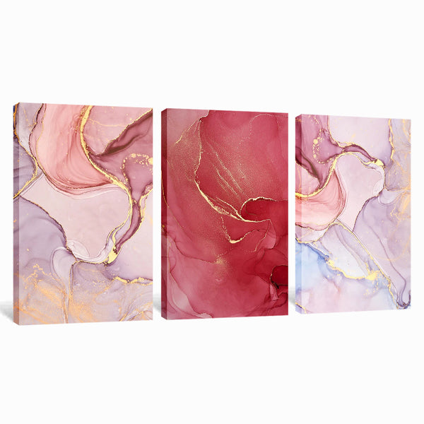 Abstract Pink Gold Purple 3 Piece Soft Fluid Petals Ink Marble Canvas Wall Art For Living Room Bedroom Office Home Decoration