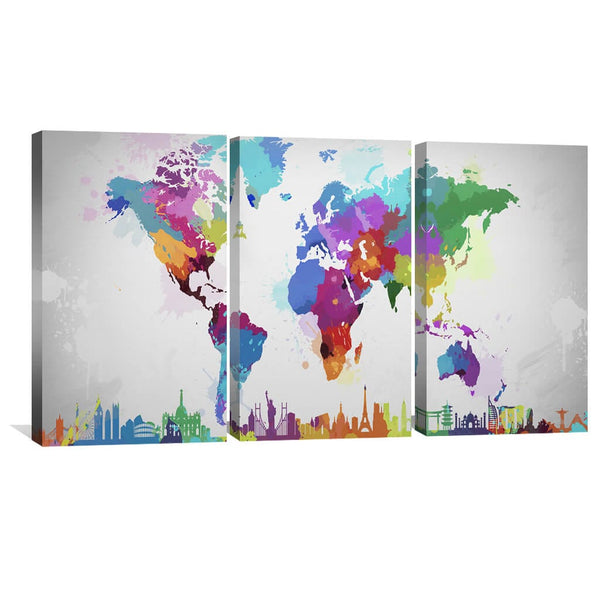 Artistic World Map 3 Piece Abstract Canvas Wall Art For Living Room Bedroom Office Home Decoration