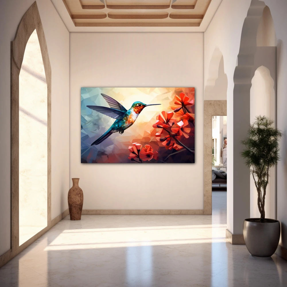 Colorful painting of a hummingbird and flowers on a wall in a well-lit room with decor elements.